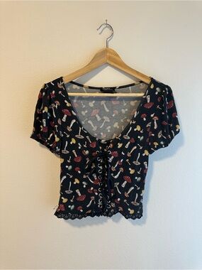 Thorn & Fable Hot Topic Black Mushroom Print Lace-Up Top